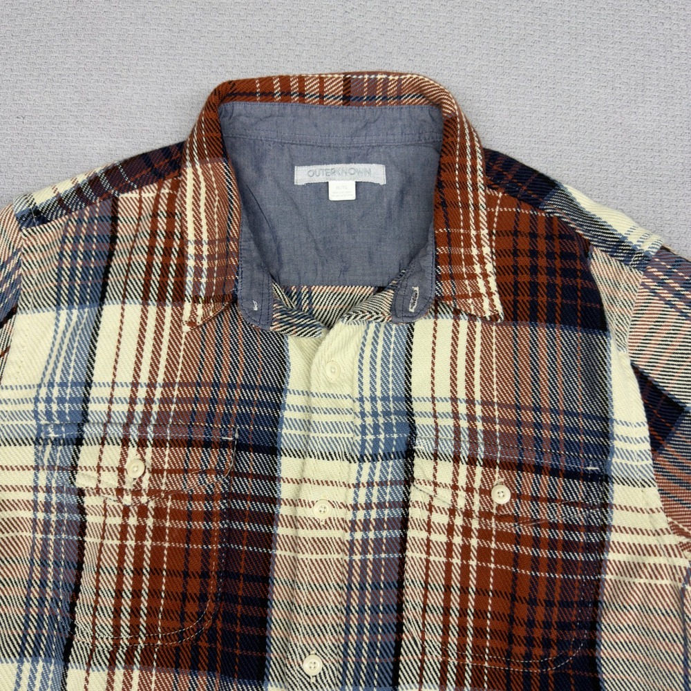 Outerknown Blanket Shirt Mens XL Organic Cotton Plaid Button Down Brown Blue - Picture 3 of 7